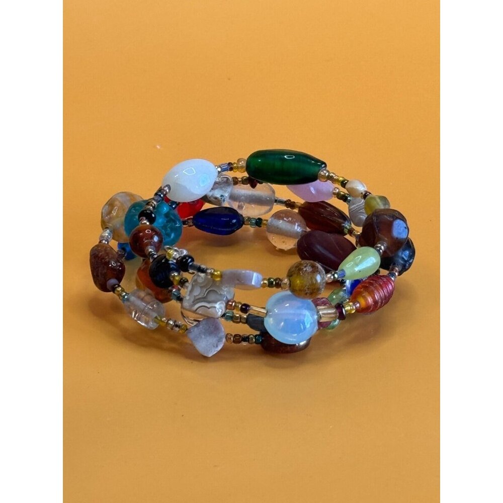 Vintage Art Glass & Gemstone Multi-Color Wrap Bracelet Boho Style - Picture 3 of 10